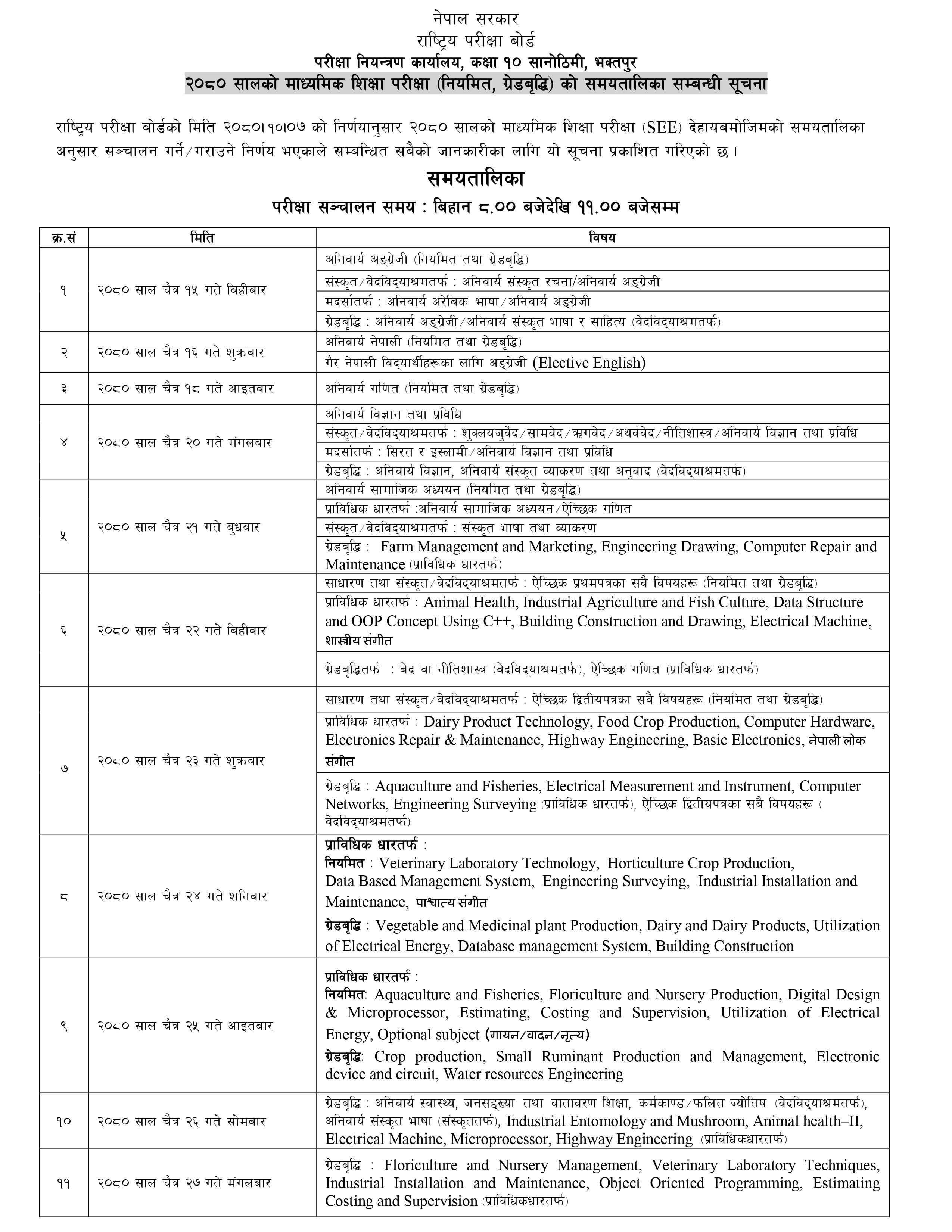 SEE 2080 TimeTable